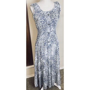 Cirana Maxi Dress milkmaid romantic Size M beachy smocked waist blue leopard